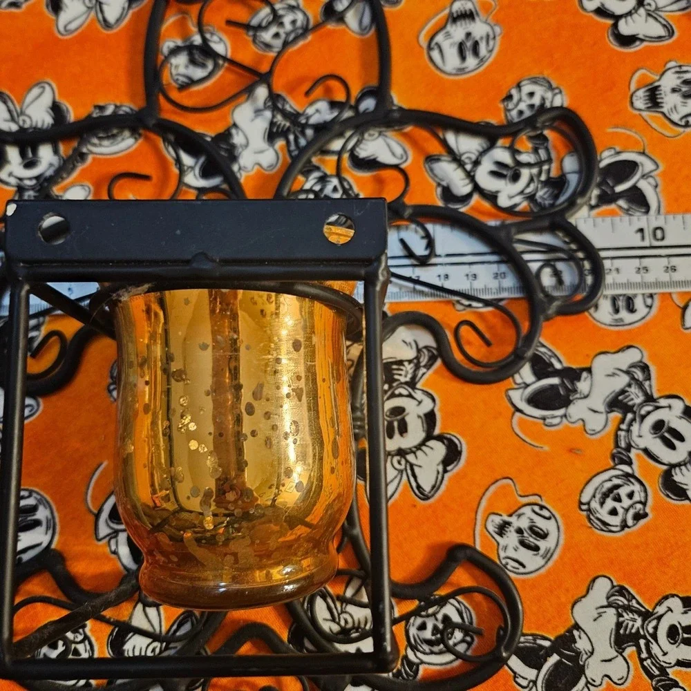 Vintage Ornate Black Metal Wall‎ Sconce Candle Holder with Amber Glass Insert